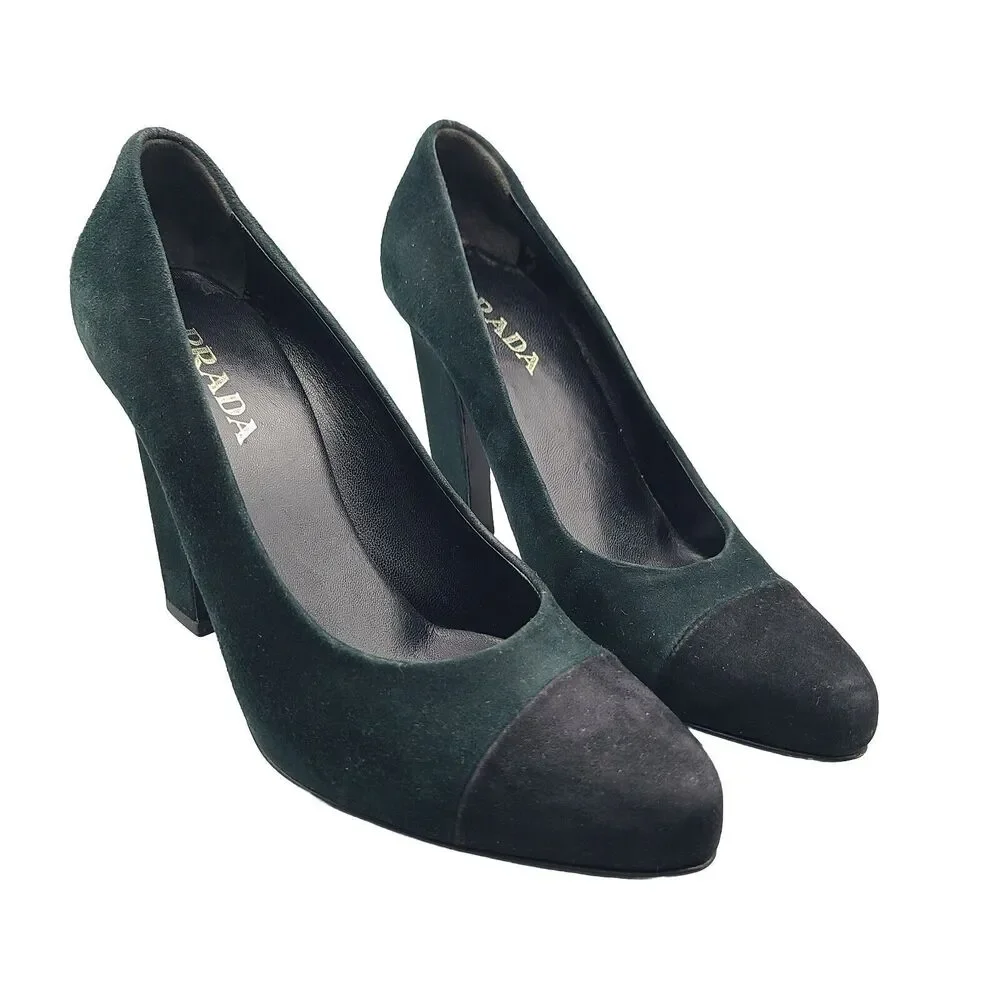 Prada Heel Pumps Shoes Donna Calzature Green Black Suede Cap Toe Sz 6 36 Used - Picture 1 of 10
